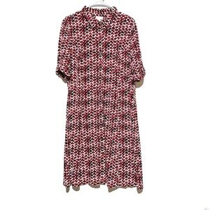 J. Jill Midi Womens Mod Print Navy Red Shirt Dress  Size 12 Tab Sleeves Collared